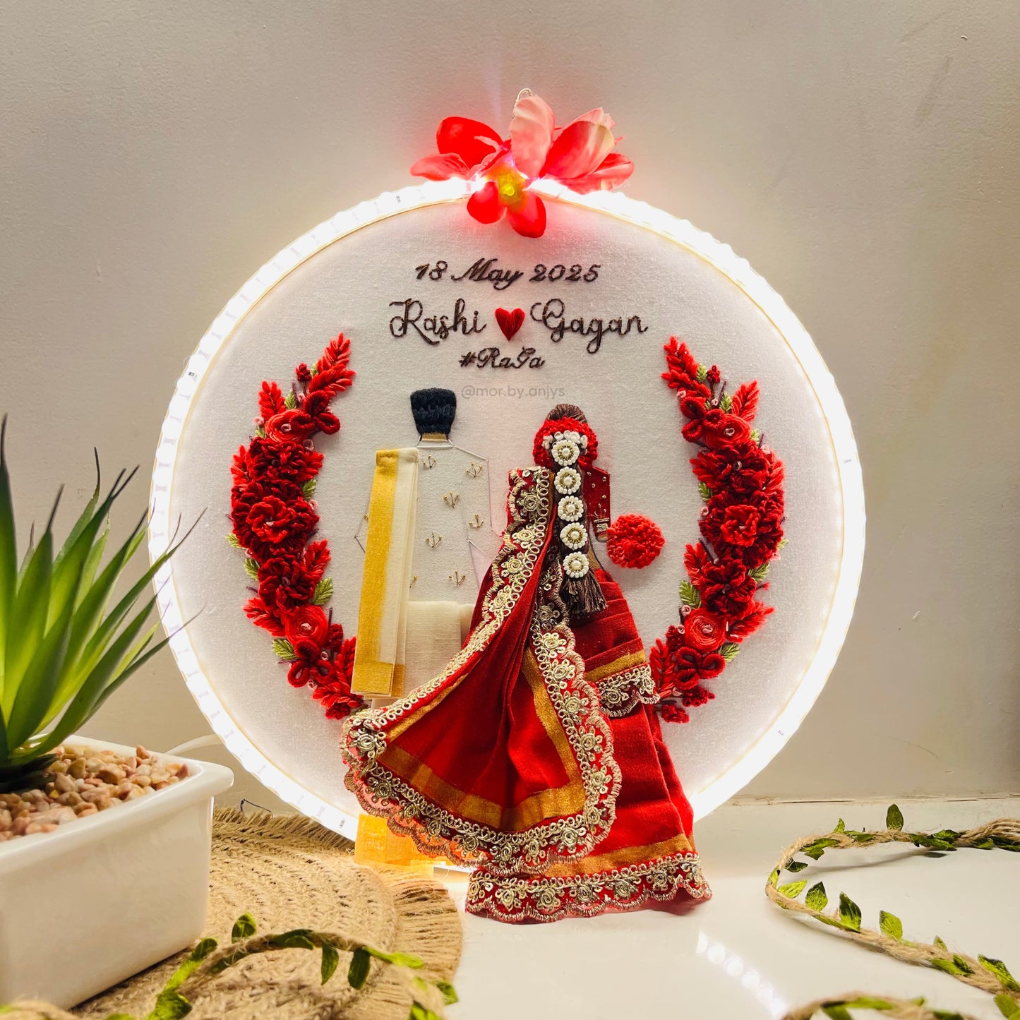 Decorative wall art with a couple in traditional attire, flowers, and a date on a white background.