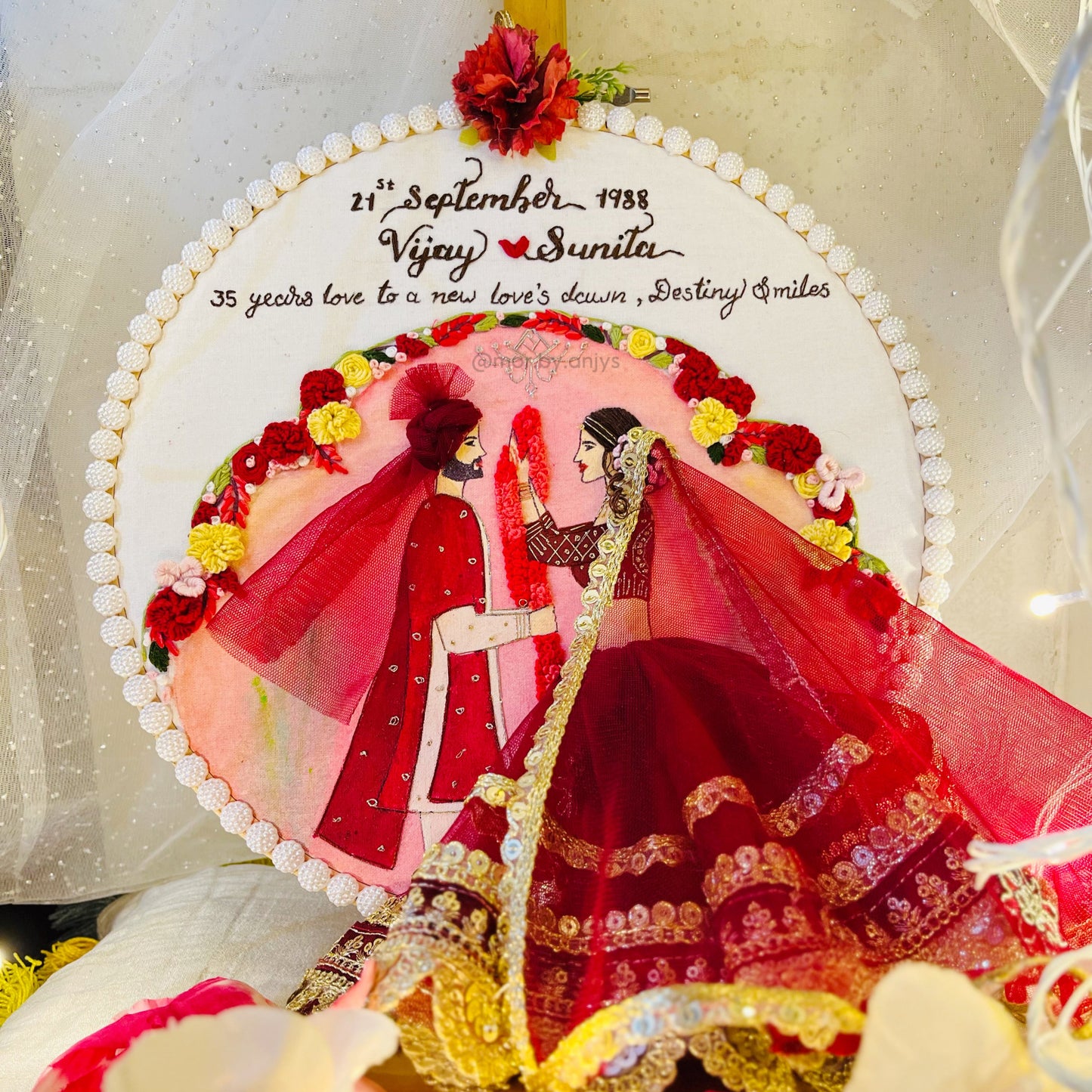 Decorative wall art with a couple in red, surrounded by flowers and text on a white background.