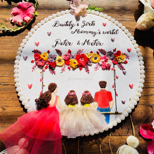 Decorative wall hanging with floral design and text on a wooden background