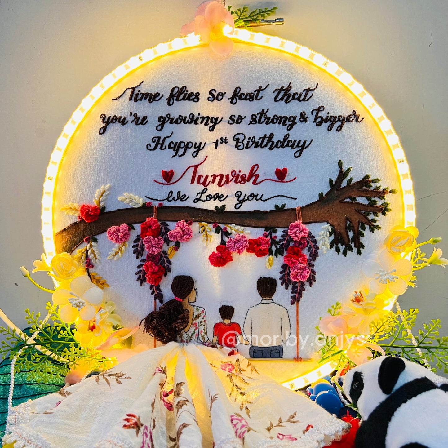 Decorative birthday card with LED lights, flowers, and a family photo.
