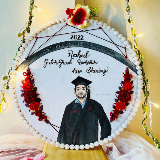 Graduation-theme with a portrait of a graduate, flowers, and decorative elements on a white background.