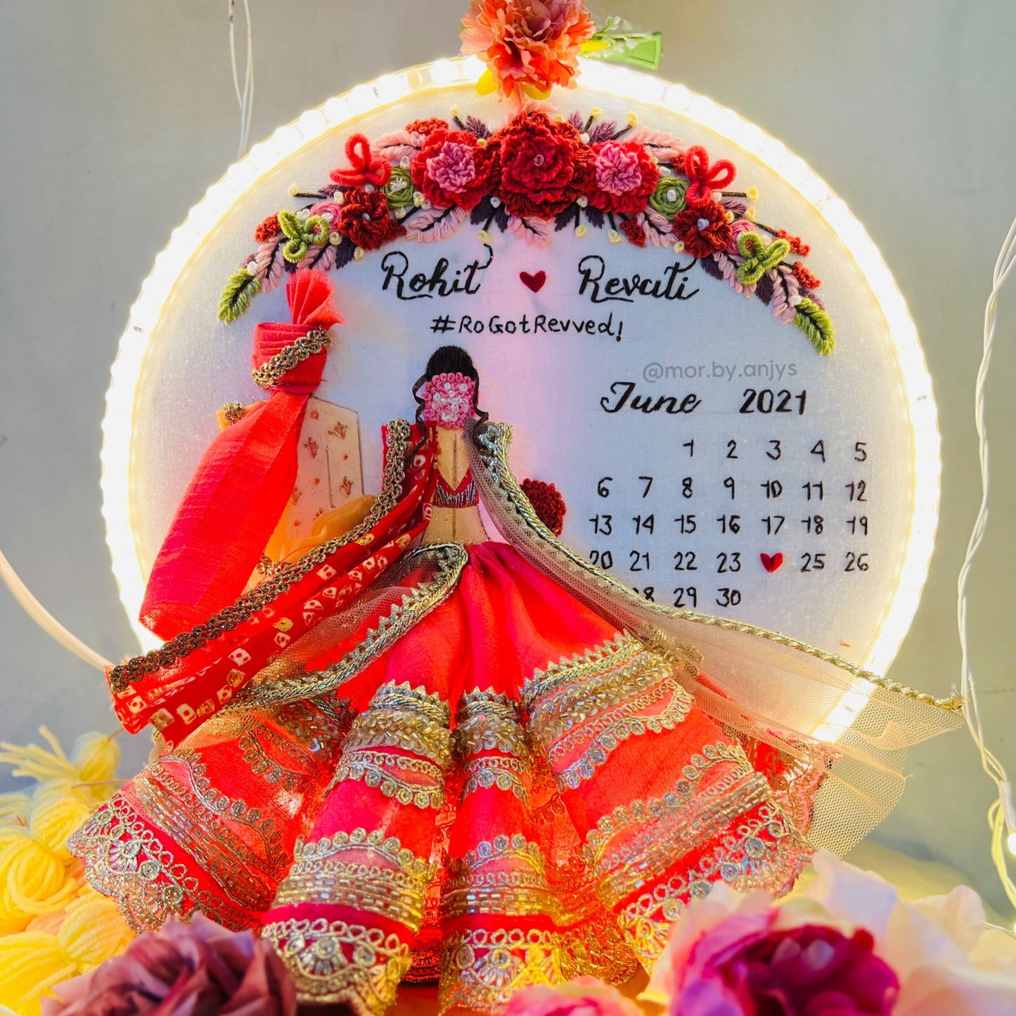 Decorative calendar with traditional attire and floral design, featuring names and dates.