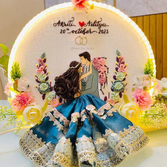 Decorative item with a couple illustration, flowers, and text on a round frame.