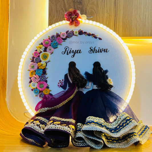 Decorative plate with floral design and two silhouettes on a wooden surface